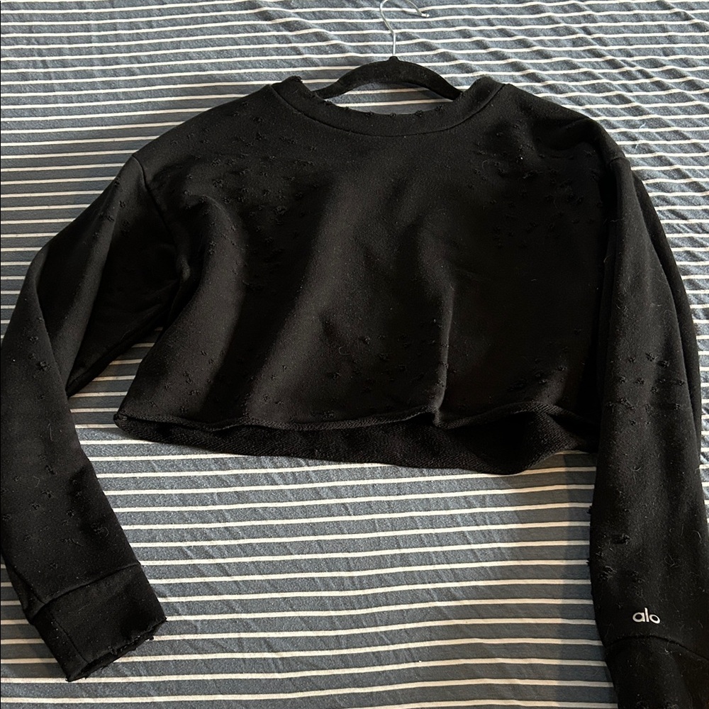 ALO Yoga Black Cropped Crew Sweatshirt distressed look